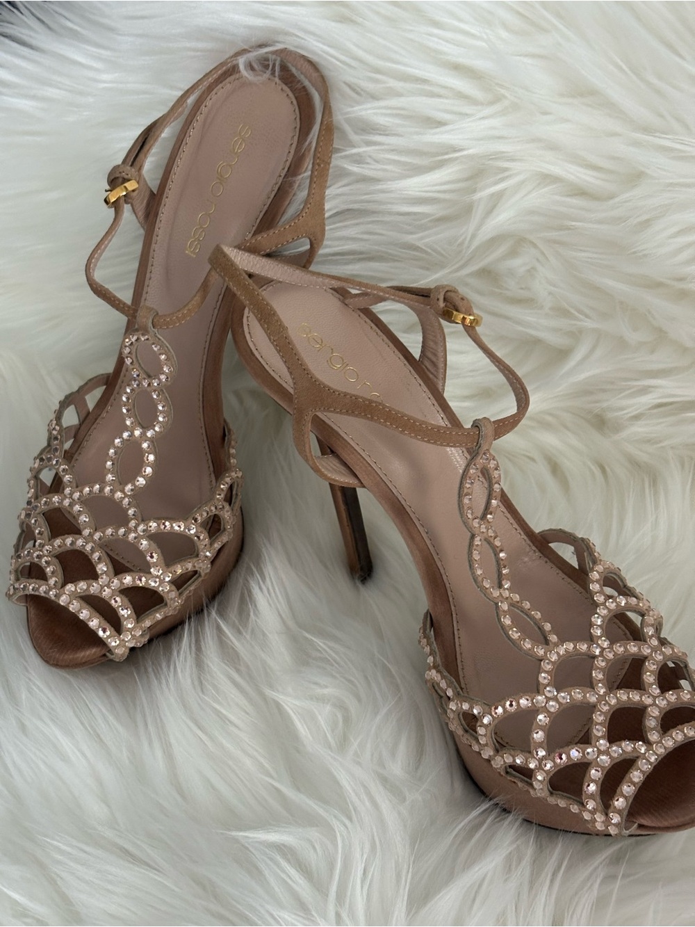 Pre-owned SERGIO ROSSI SWAROVSKI CRYSTALS HEELS SZ EU 37 1/2 EU 7 1/2 US